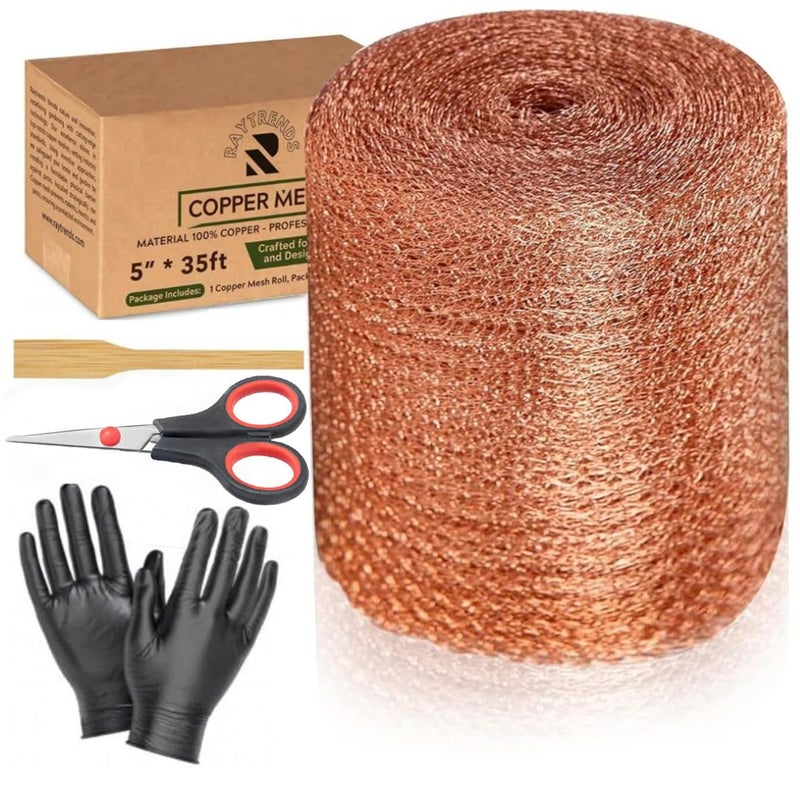 RAYTRENDS 3rd Gen Copper Mesh Rodent Control Kit 5" x 35ft, 100% Premium Copper Wool for Sealing Holes & Water Gaps, Blocks Slugs, Snails, Mice & Pests – with Scissors, Gloves & Packing Tool - Image 1
